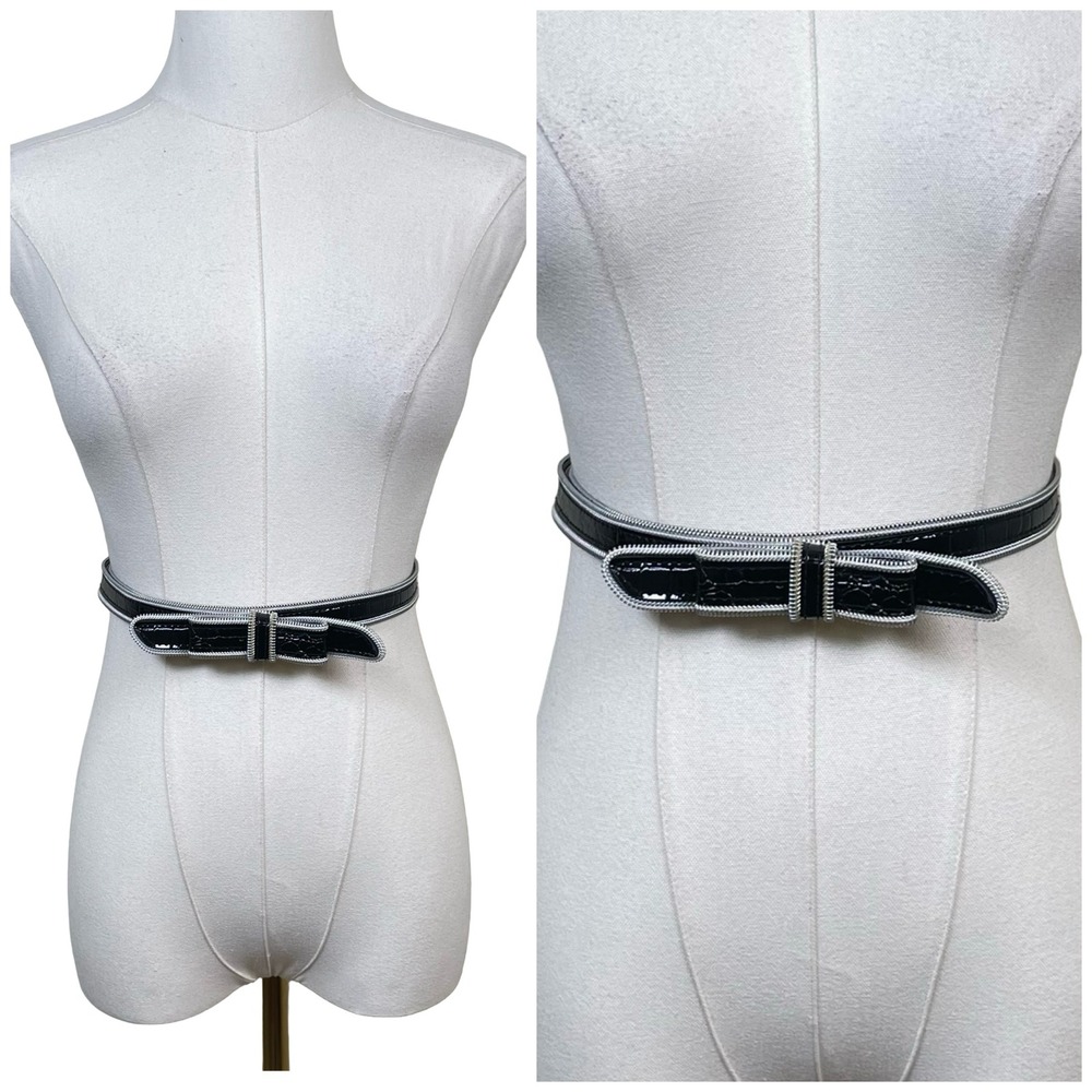 Vintage Zipper Trim Bow Accent Belt Womens 32" Black Patent Croc Embossed Skinny